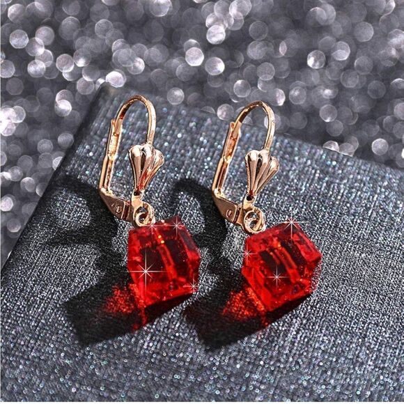 14K Yellow Gold with Ruby Red Austrian Crystal Cube Leverback Dangling Earrings - Picture 4 of 7